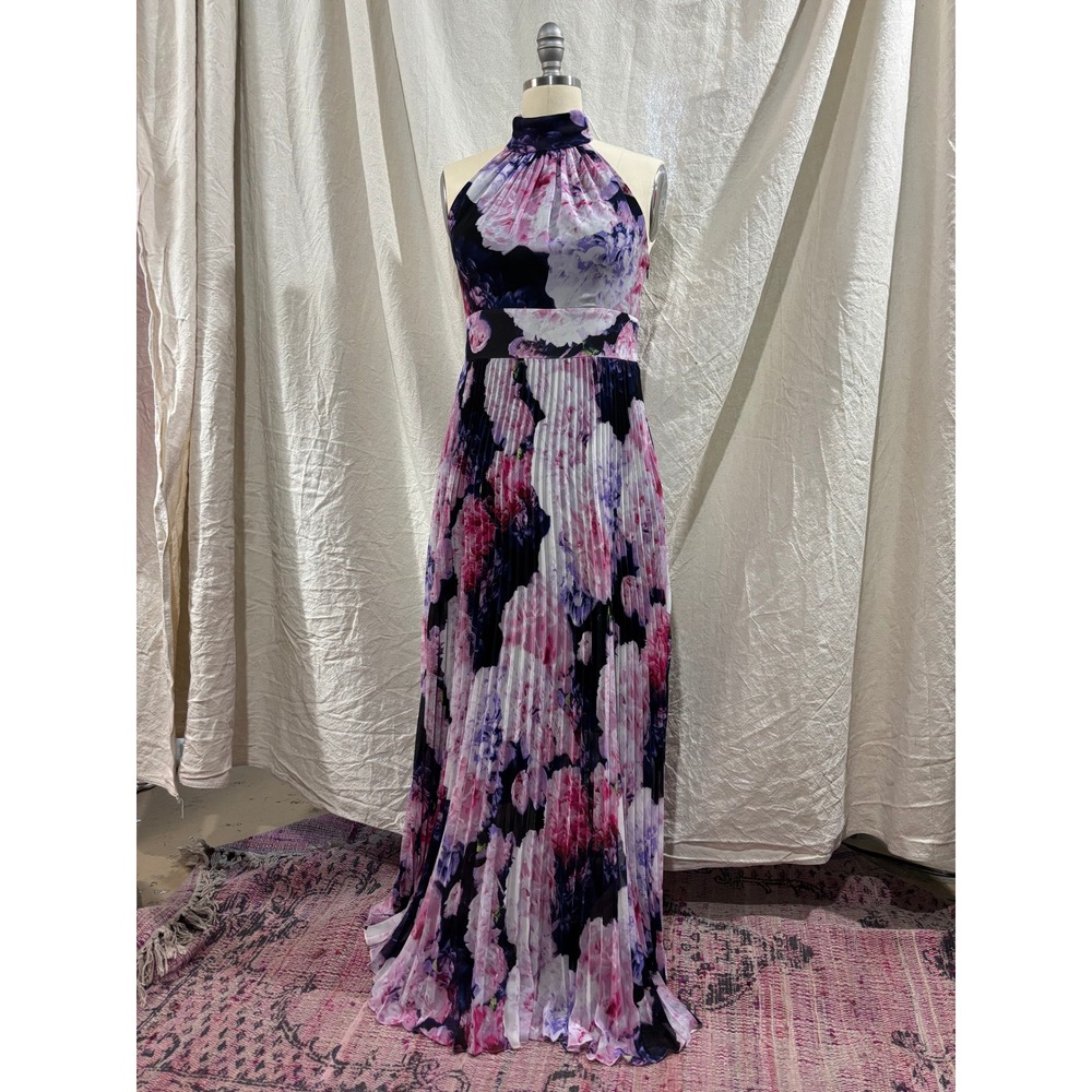 Eliza J Floral Halter Maxi Dress Navy Pink Pleated Chiffon Gown Size‎ 8